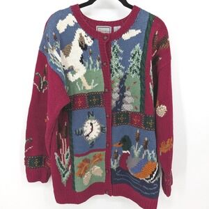 Cabelas Cardigan Sweater Vintage Cabin Duck Dog Womens Large Red Hand Knitted